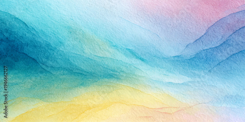 Abstract watercolor painting a mesmerizing vista of layered, colorful ethereal hills and valleys evoking a sense of tranquility. The artwork captures the soft blend of pastel hues and textures.