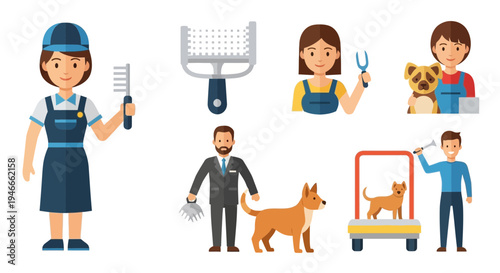 Dog Grooming Service Icons: Groomer, Tools, Pets, and Owners
