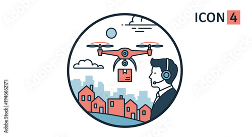 Drone Delivery Service Icon: Operator Controls Unmanned Aircraft Over City