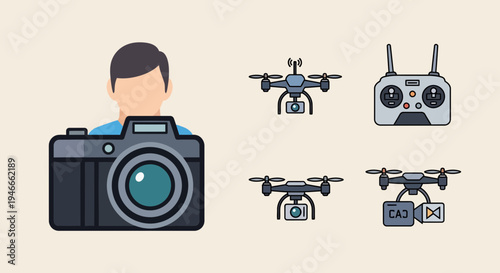 Drone Photography Icons: Camera, Drones, Remote Control, Aerial Imaging
