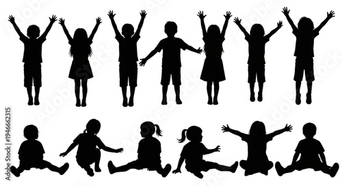 Children Silhouettes in Various Poses.