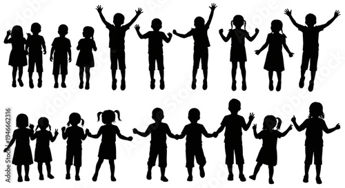 Children Silhouettes Holding Hands.