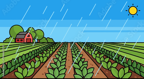 Farm Field Rain Sun Agriculture Nature Cartoon Illustration