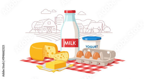 Farm Fresh Dairy Products on Picnic Blanket with Rural Landscape Background