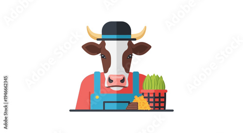 Farmer Cow Wearing Hat and Overalls with Hay and Grass