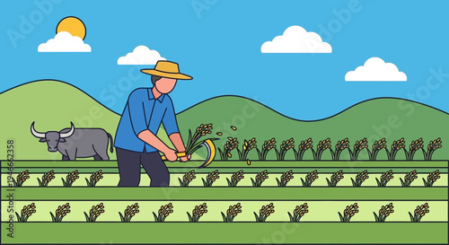 Farmer Harvesting Rice Field with Buffalo and Sun - Agricultural Scene