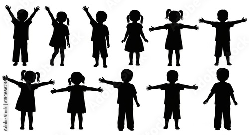 Children Silhouettes in Various Poses.