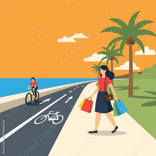 Woman Shopping Near Beach With Cyclist Tropical
