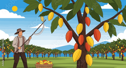 Farmer Harvesting Cocoa Pods from Tree on Plantation
