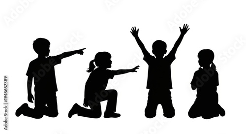 Children Silhouettes in Various Poses.