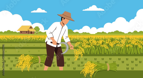 Farmer Harvesting Rice Field with Sickle, Rural Agriculture Scene