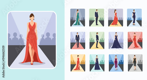 Fashion Show Runway Models Displaying Elegant Evening Gowns and Suits