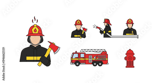 Firefighter Icons: Truck, Hydrant, Axe, Water Spray, Uniform, Helmet