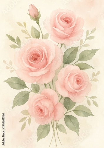 Delicate watercolor pink roses illustration.