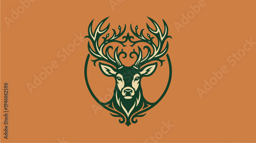 Elegant Deer Head Emblem with Ornate Antlers and Green Accents.