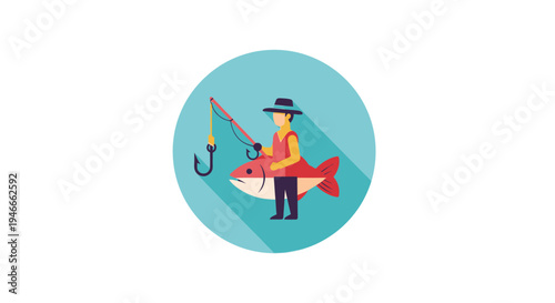 Fisherman Riding a Big Fish with Fishing Rod Hooked