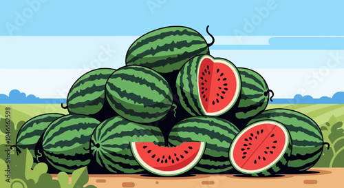 Abundant Watermelon Harvest Pile, Fresh Summer Fruit, Outdoor Field Background