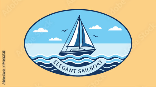 Elegant Sailboat on Wavy Ocean with Clouds and Birds.