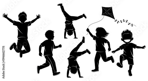 Children Playing with Kite Silhouettes.