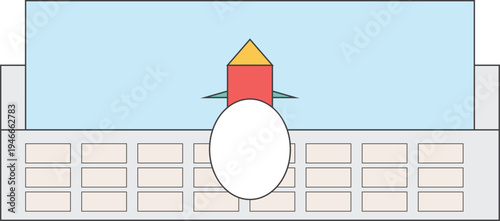 Minimalist illustration of a rocket launch with a stadium in the background