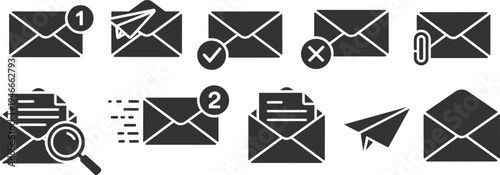 Black and white email icon set featuring envelope symbols for incoming messages, sent mail, attachments, notifications, newsletters, paper planes, and digital communication interface symbols.