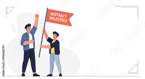 Two men celebrate achieving a milestone, holding a flag with "Abstract Milestone" written on it.