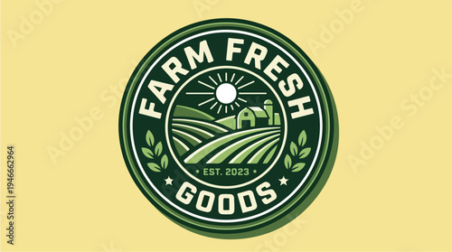 Farm Fresh Goods Emblem with Rolling Hills and Sun.