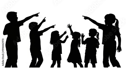 Children Silhouette Pointing Outside.