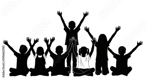Children Silhouette Raising Hands.