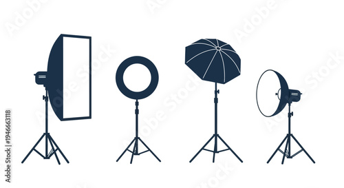 Graphic illustration of photography lighting equipment on stands against a white background