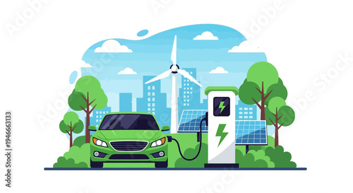 Illustration of an electric car charging at a station with solar panels and wind turbines in a green cityscape