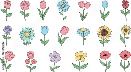 Collection of various cartoon style flowers in pastel colors rose tulip daisy