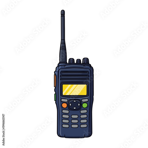 Illustration of a handheld two-way radio with antenna and keypad on a white background