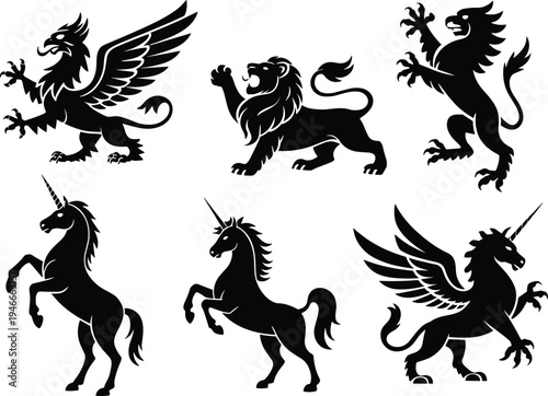 Black Heraldic Mythical Creature Silhouettes Set Featuring Griffin Lion Unicorn and Winged Hippogriff Symbols for Royal Medieval Logos Coats of Arms and Tattoos