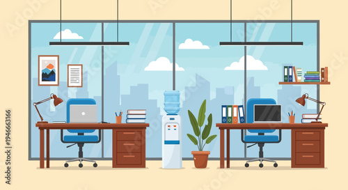 Illustration of a modern office interior with two desks, computers, and a water cooler in front of a large window with a city view.