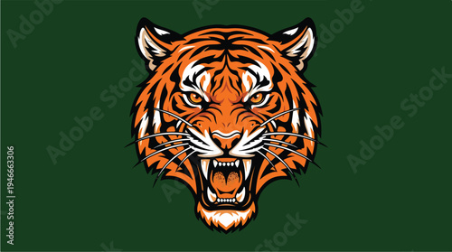 Fierce Tiger Head Roaring with Intense Eyes on Green Background.