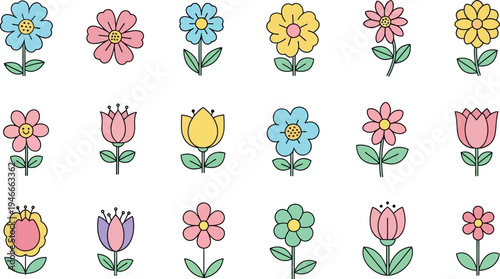 Colorful cartoon flowers on green stems with leaves pink blue