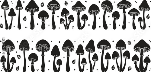 Black mushroom silhouette collection set featuring various fungus shapes and forest elements in hand drawn vector style for autumn nature patterns and mystical designs.