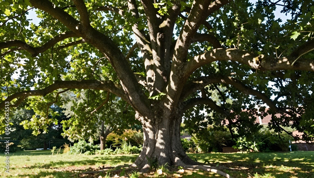 Fototapeta premium Majestic tree with leafy branches creates dappled shade on the ground