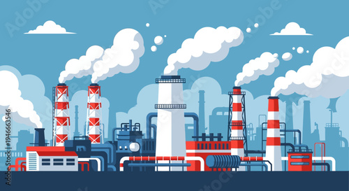 Illustration of an industrial factory complex with smokestacks emitting white smoke against a blue sky with clouds.