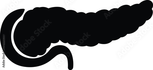 Black silhouette icon of a human pancreas gland and duodenum anatomy organ isolated on white background for medical health and digestive system education