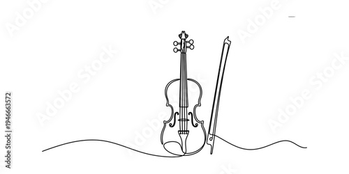 A minimalist continuous line drawing of a classic violin and bow on a clean white background. Vector, illustration