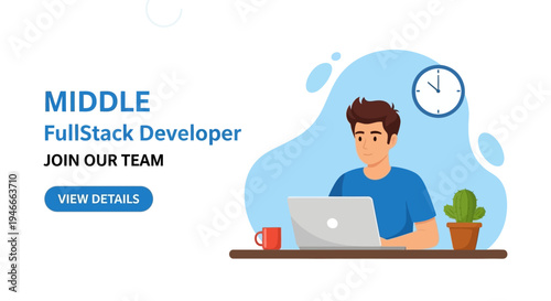 Illustration of a middle-aged full stack developer working on a laptop at a desk with a clock and plant in a modern workspace