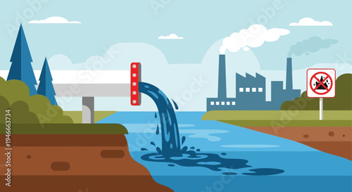 Illustration of polluted river with industrial waste and a no smoking sign in a landscape with a factory in the background.
