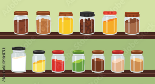 Flat lay of various colorful spices and seasonings in glass jars on a wooden shelf against a green background.