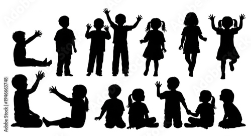 Children Silhouettes Playing Together.