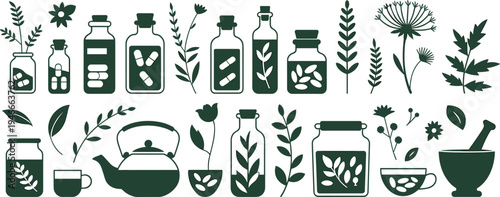 Collection of flat herbal medicine icons including glass bottles with pills dried plants teapot and mortar for naturopathy homeopathy and organic wellness treatment