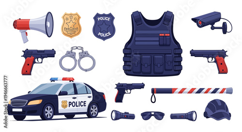 Graphic illustration of various police equipment and tools on a white background