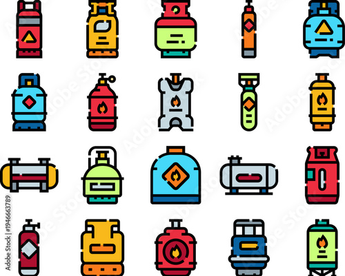 Industrial gas cylinders and fuel tanks storing propane, butane, oxygen, and other gases, showcasing essential energy containers for various applications