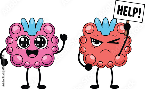 Cute raspberry cartoon character set featuring happy smiling fruit and grumpy berry holding help sign with pop it fidget toy texture isolated on white.